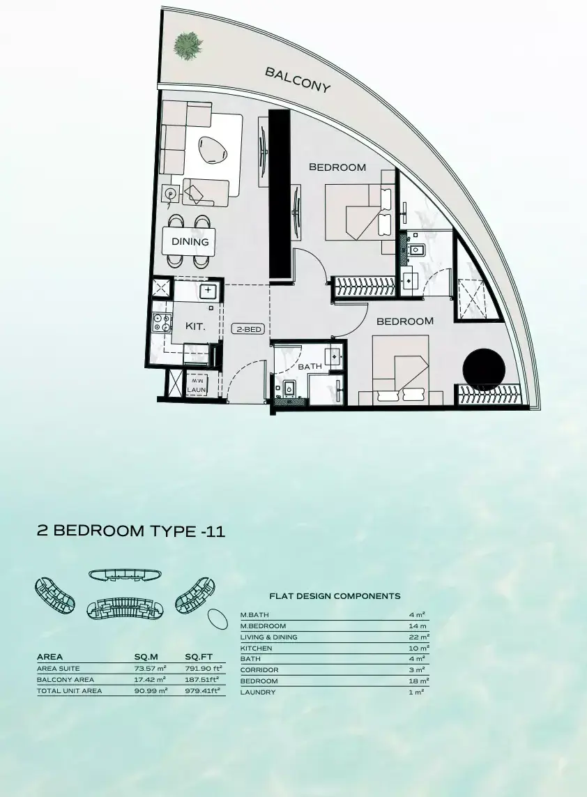 Планировка — 2-спальная, 91 м²