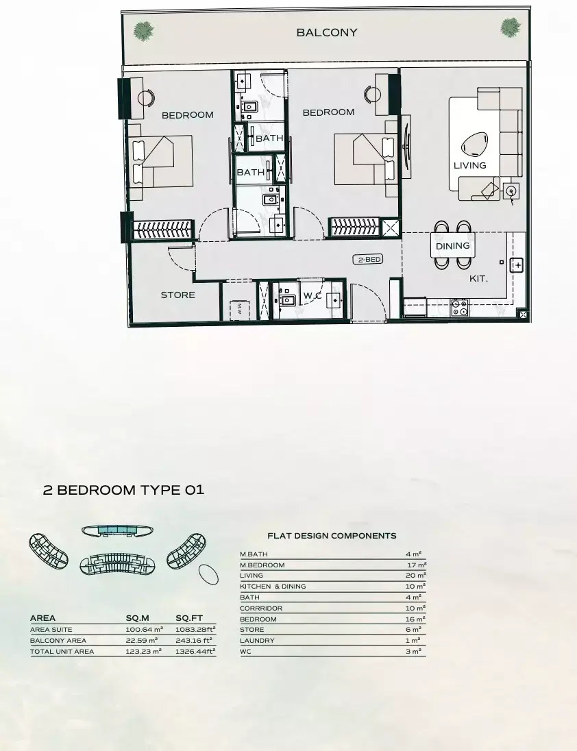 Планировка — 2-спальная, 123 м²