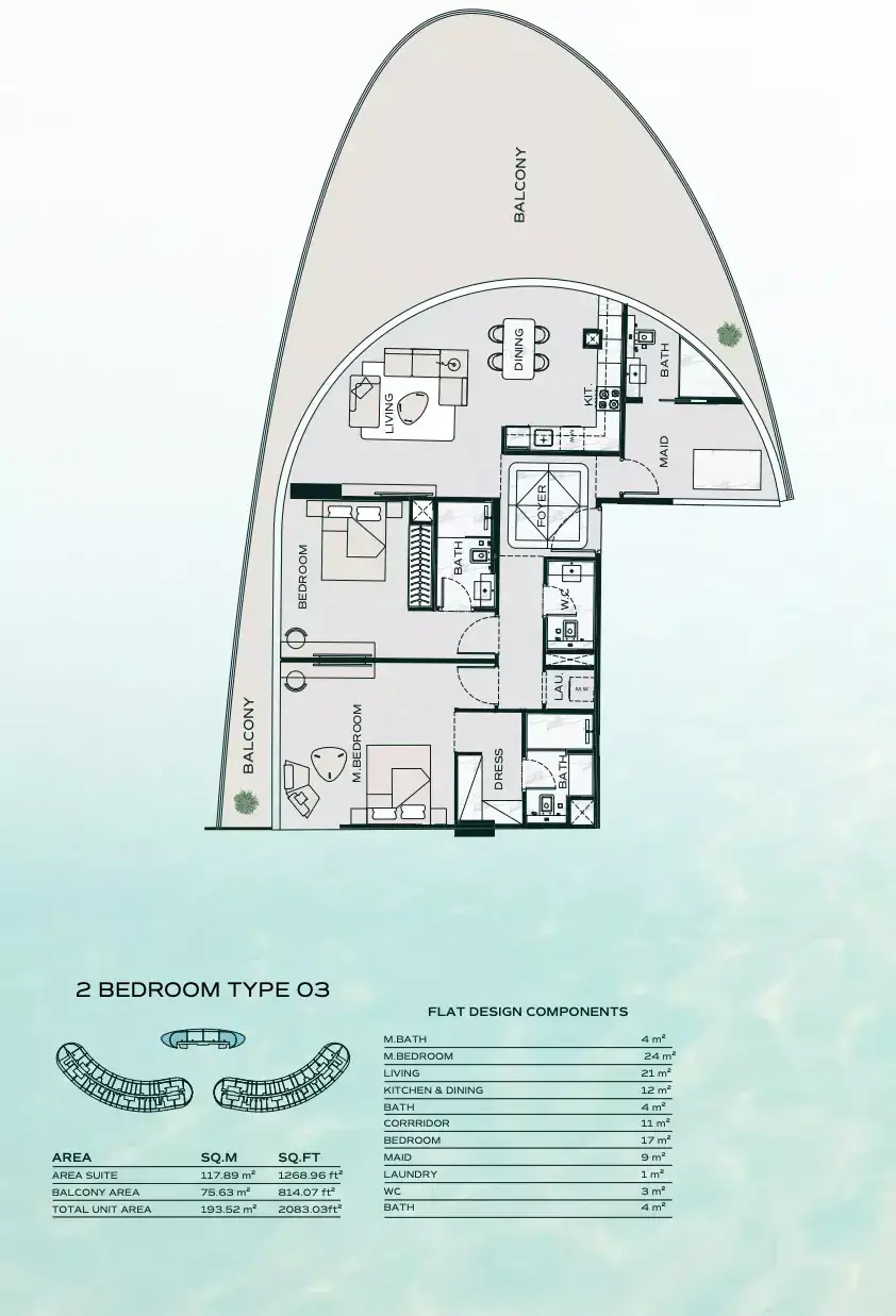 Планировка — 2-спальная, 194 м²