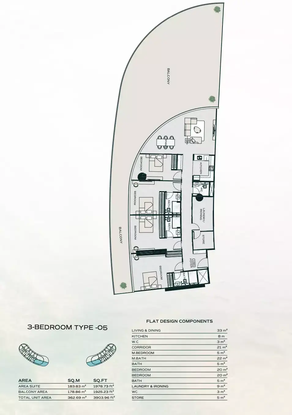 Планировка — 3-спальная, 363 м²