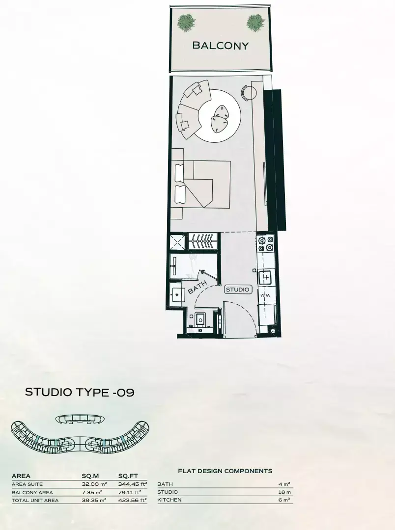 Планировка — Студия, 39 м²