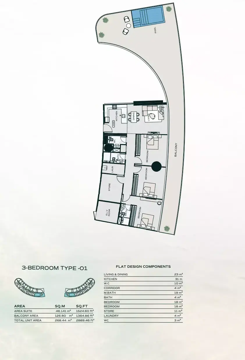 Планировка — 3-спальная, 268 м²