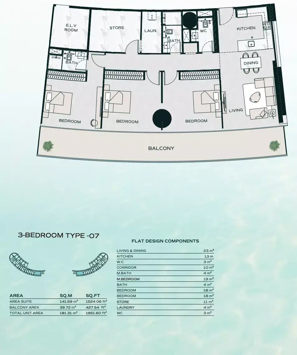 Планировка — 3-спальная, 181 м²