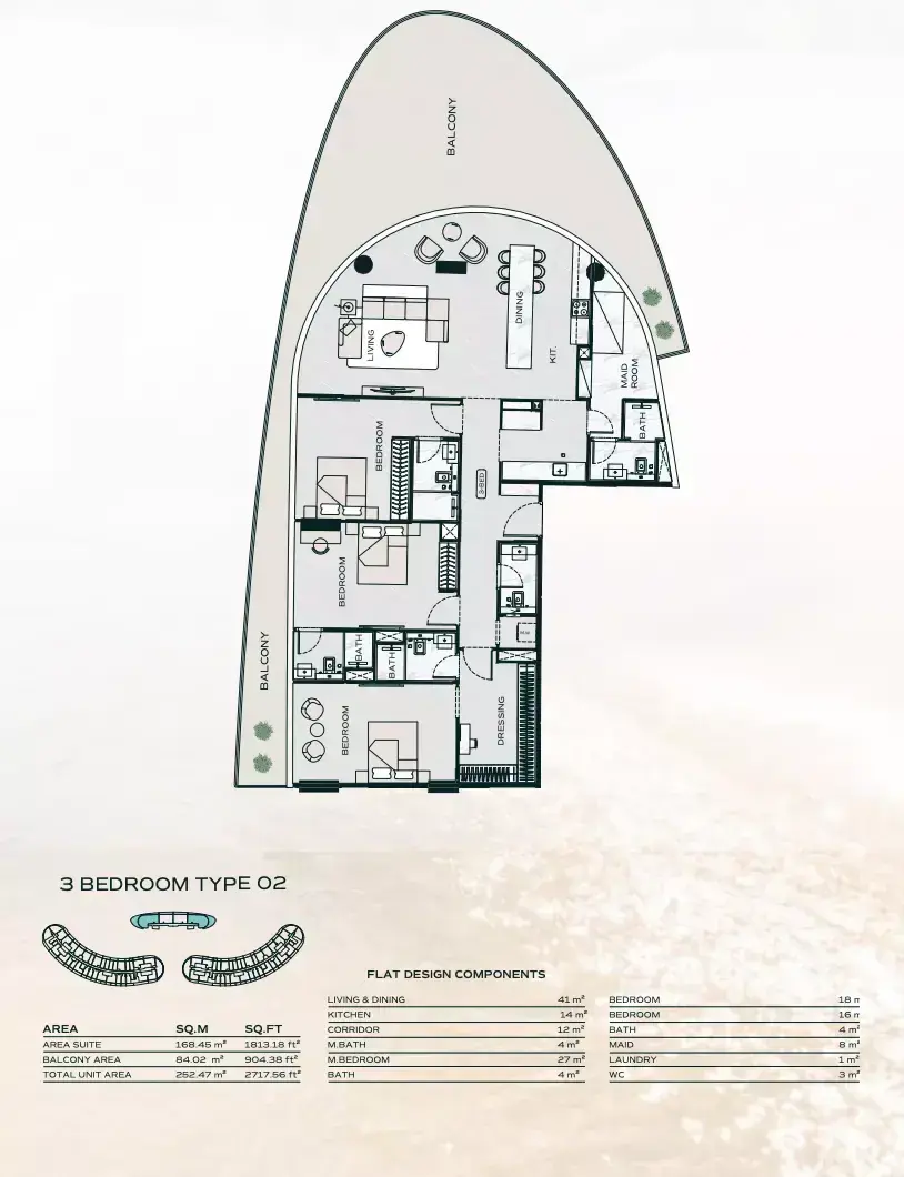 Планировка — 3-спальная, 252 м²