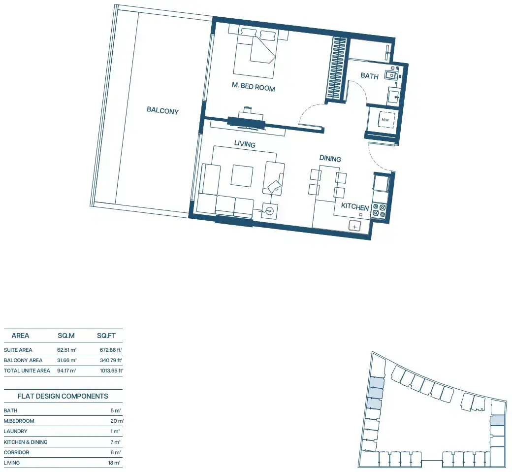 Планировка — 1-спальная, 94 м²