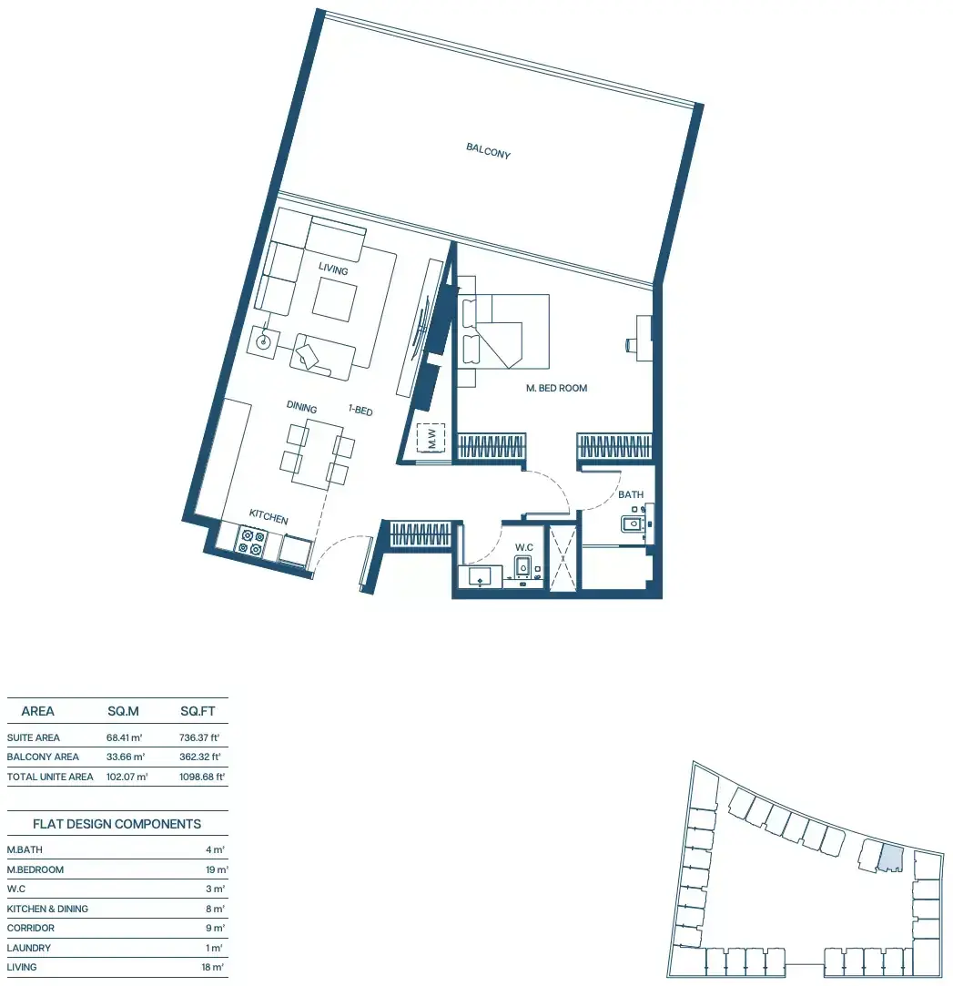 Планировка — 1-спальная, 102 м²