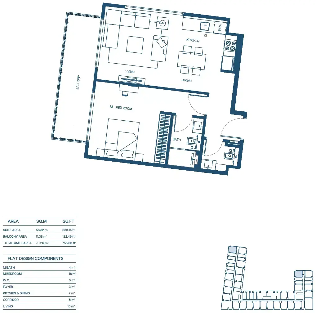 Планировка — 1-спальная, 70 м²