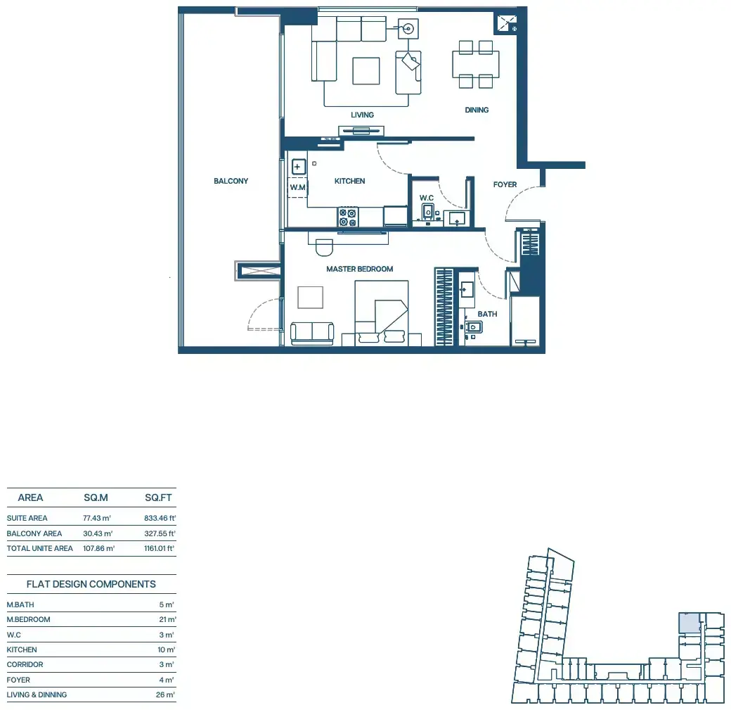 Планировка — 1-спальная, 108 м²