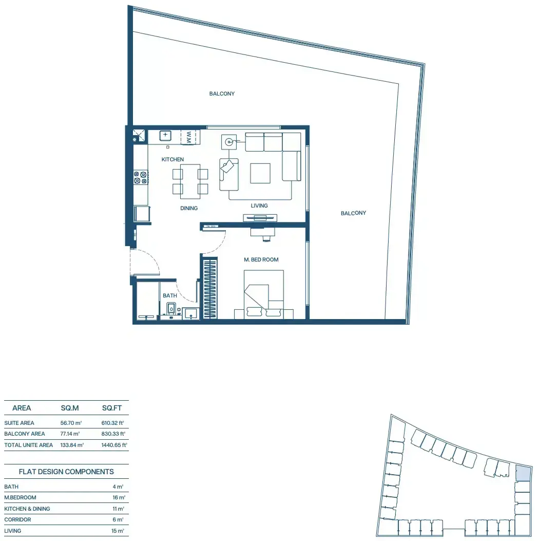 Планировка — 1-спальная, 134 м²