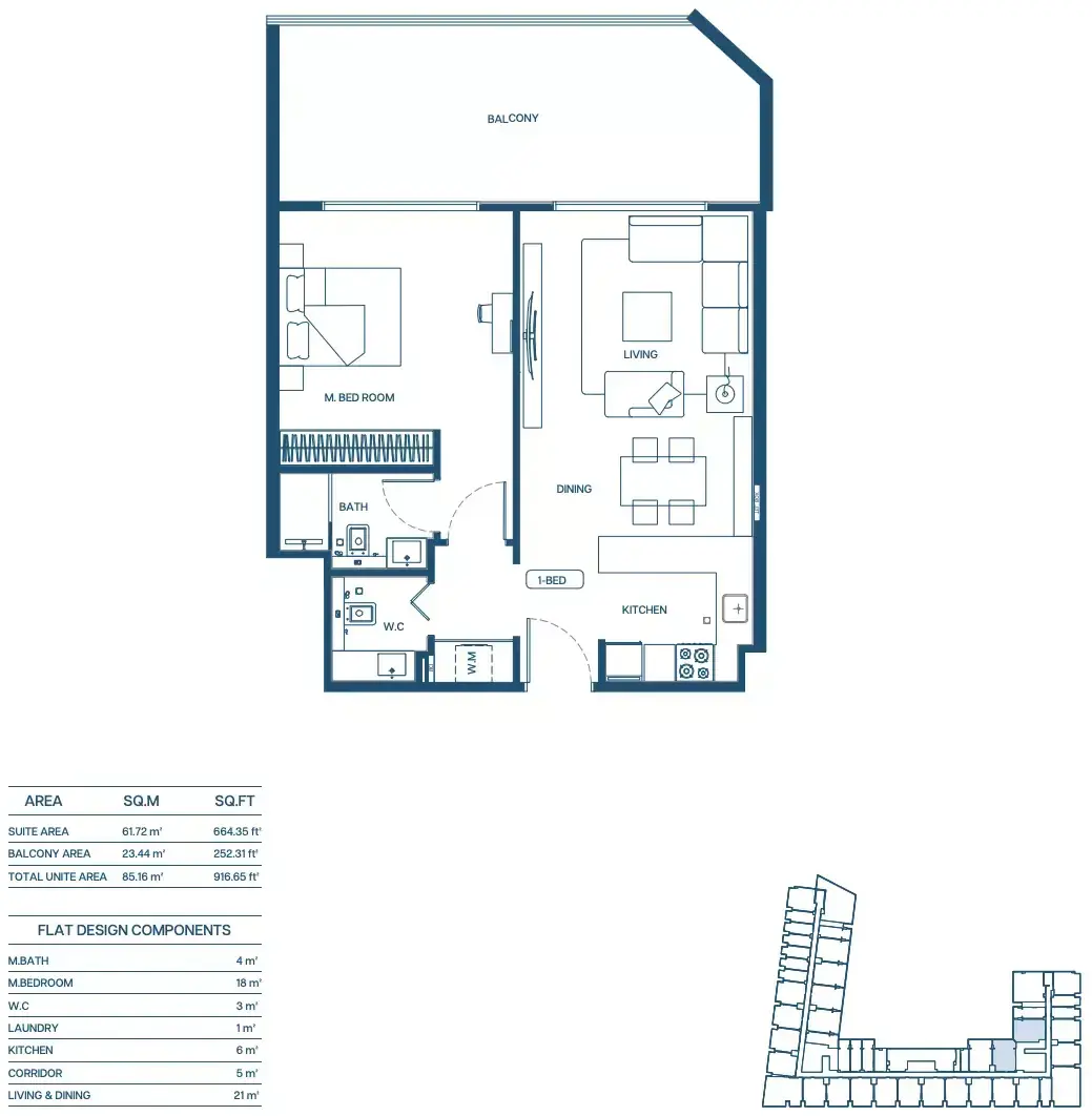 Планировка — 1-спальная, 85 м²