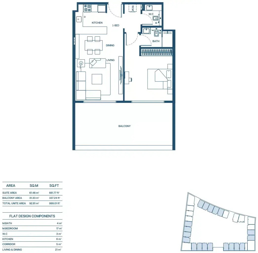 Планировка — 1-спальная, 93 м²