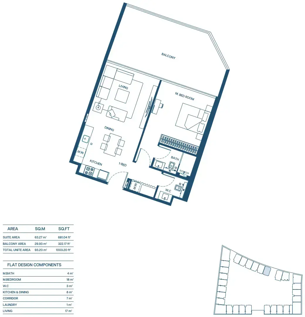 Планировка — 1-спальная, 93 м²