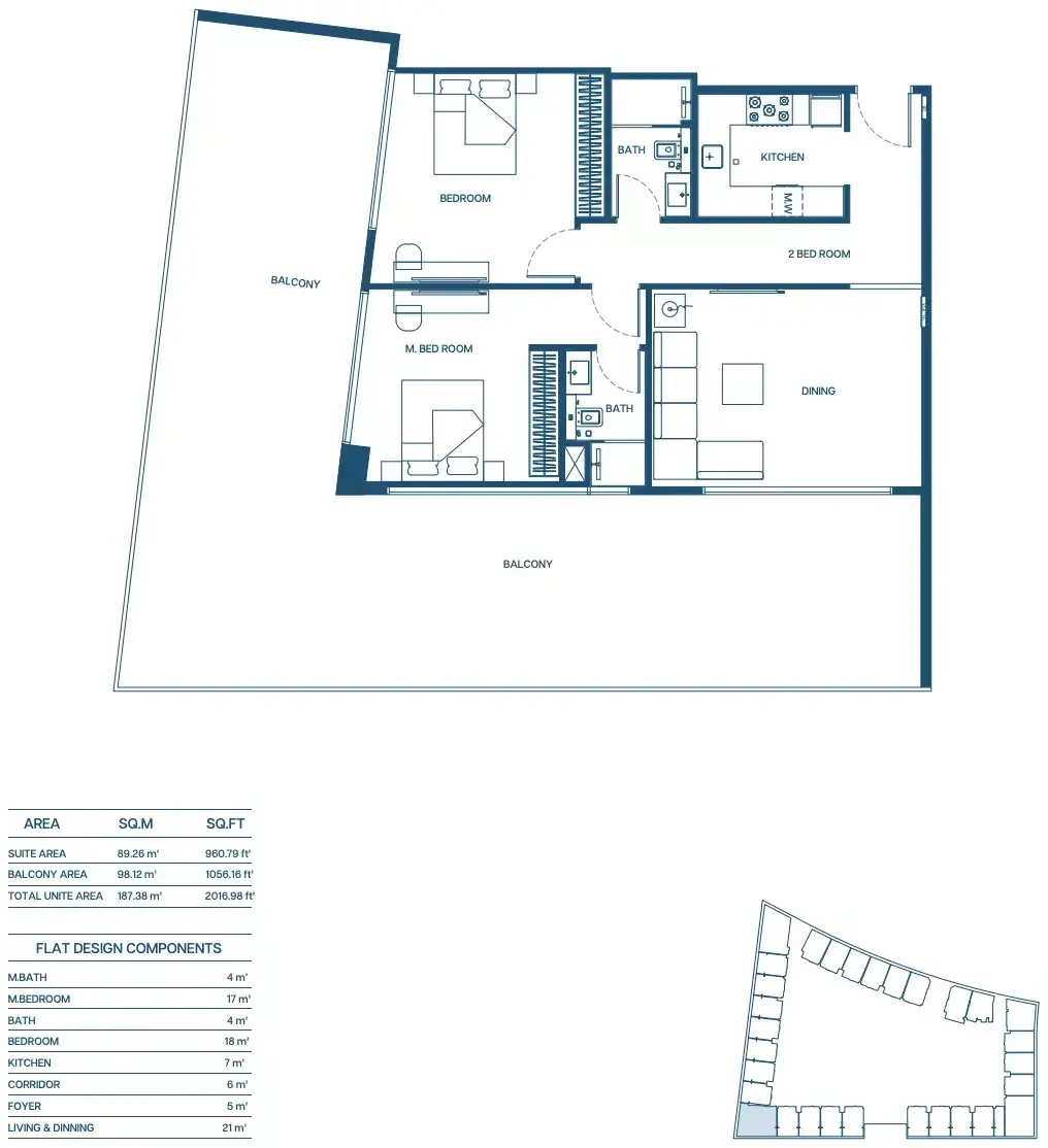 Планировка — 2-спальная, 187 м²