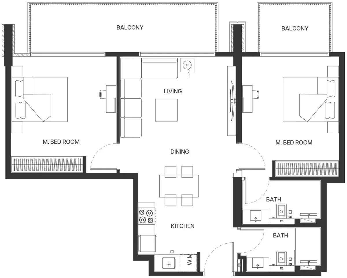 Планировка — 2-спальная, 93 м²