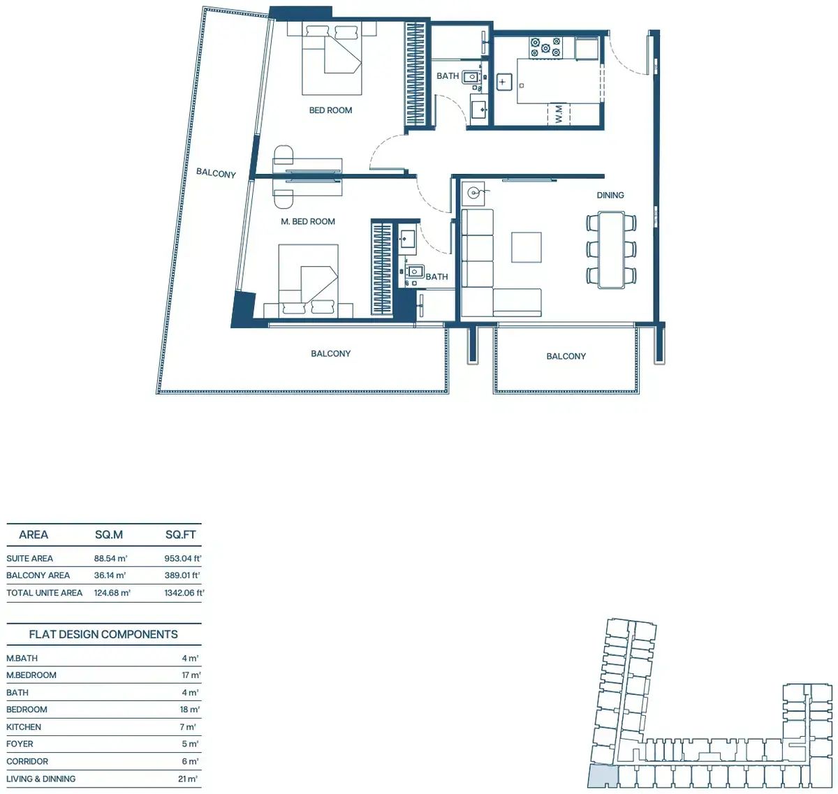 Планировка — 2-спальная, 125 м²