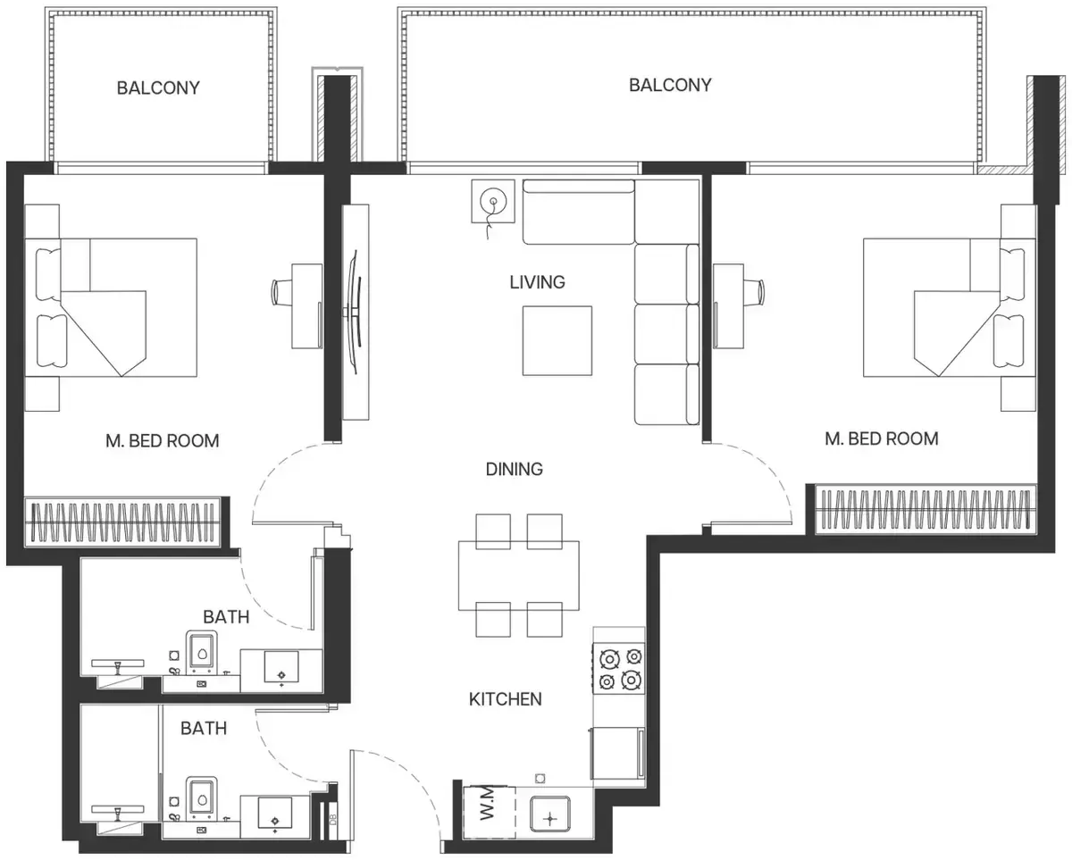 Планировка — 2-спальная, 93 м²