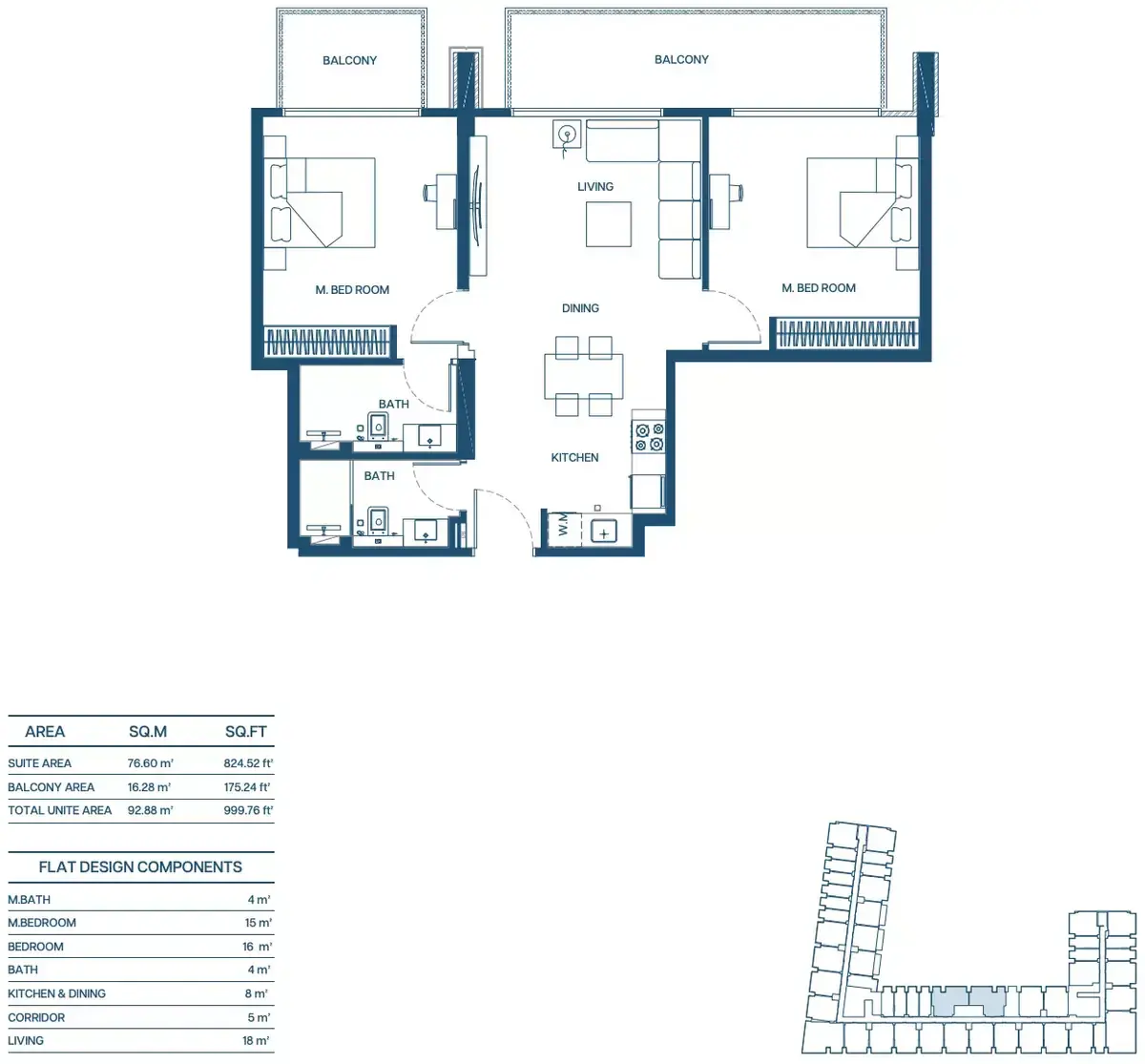 Планировка — 2-спальная, 93 м²