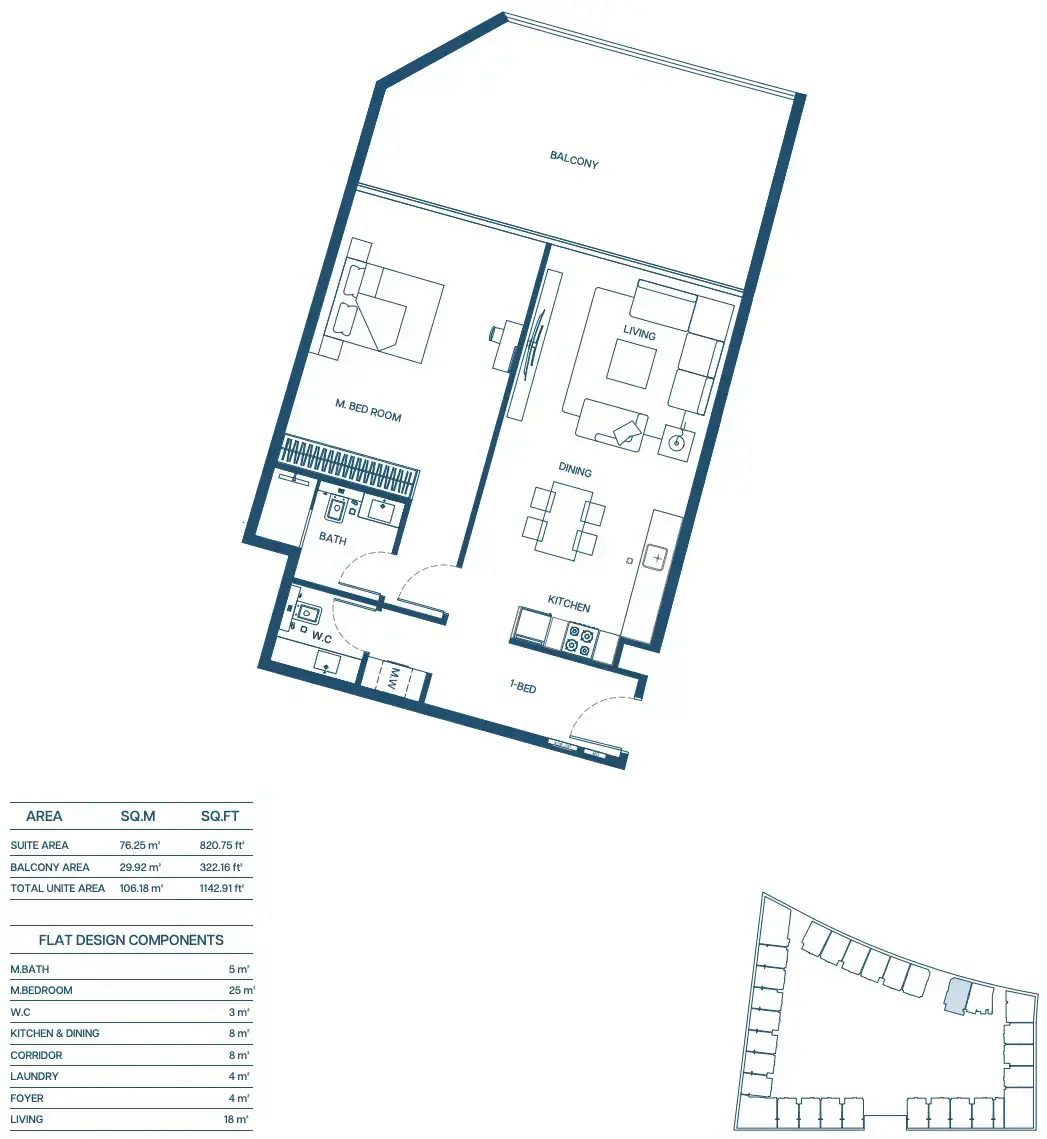 Планировка — 1-спальная, 106 м²