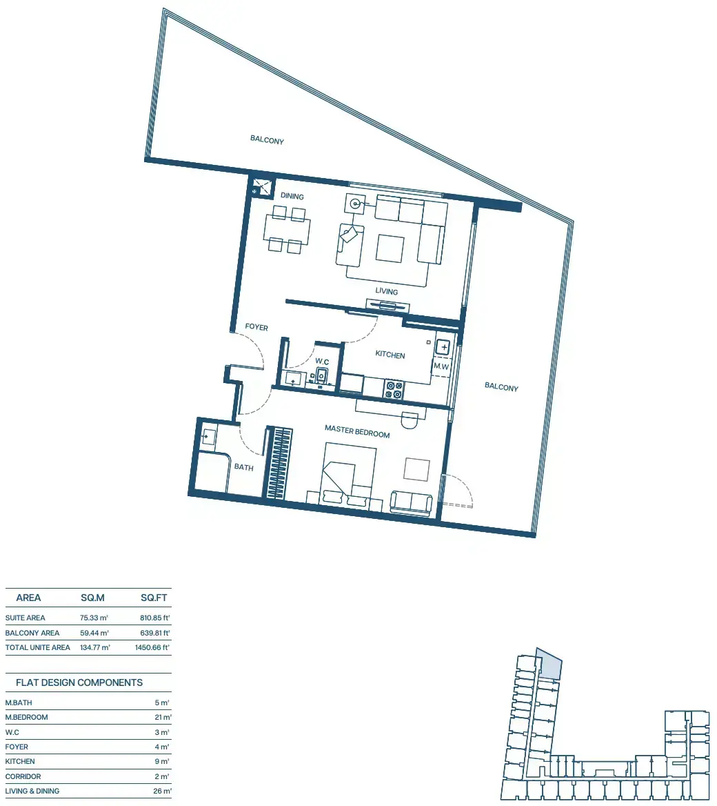 Планировка — 1-спальная, 135 м²