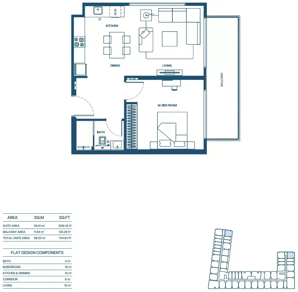 Планировка — 1-спальная, 68 м²