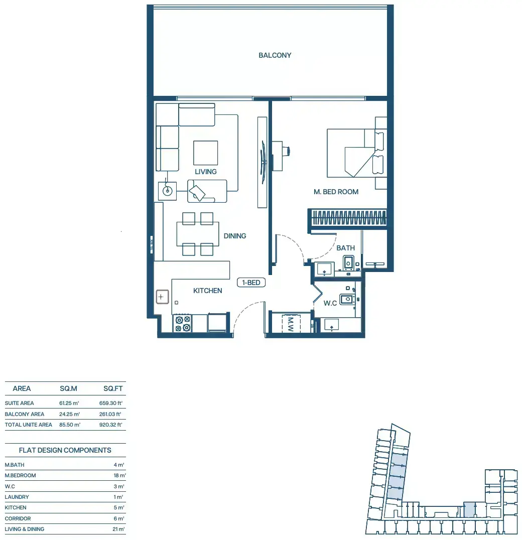 Планировка — 1-спальная, 85 м²