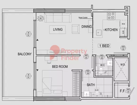 Планировка — 1-спальная, 65 м²