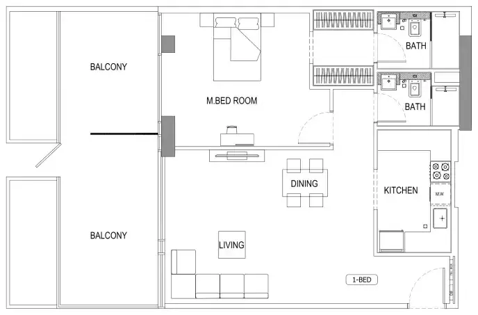 Планировка — 1-спальная, 58 м²