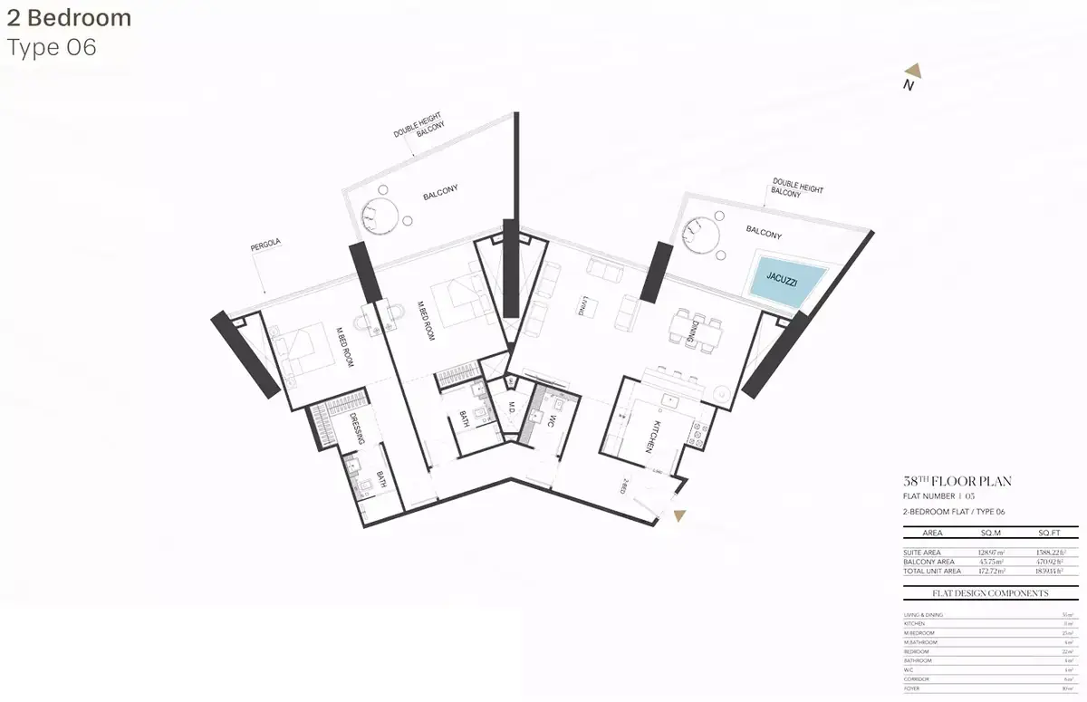 Планировка — 2-спальная, 173 м²