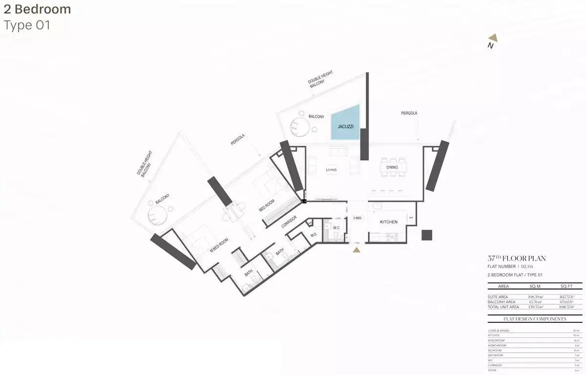 Планировка — 2-спальная, 150 м²