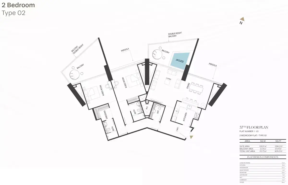 Планировка — 2-спальная, 173 м²