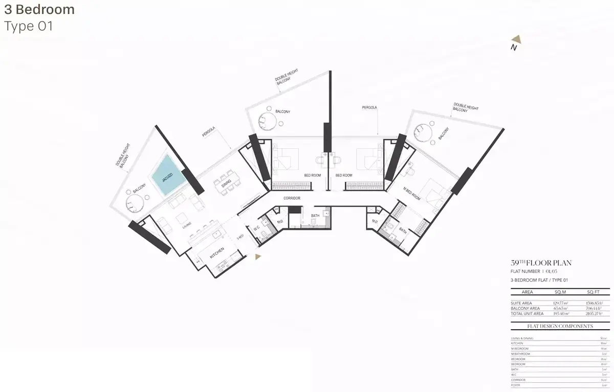 Планировка — 3-спальная, 196 м²