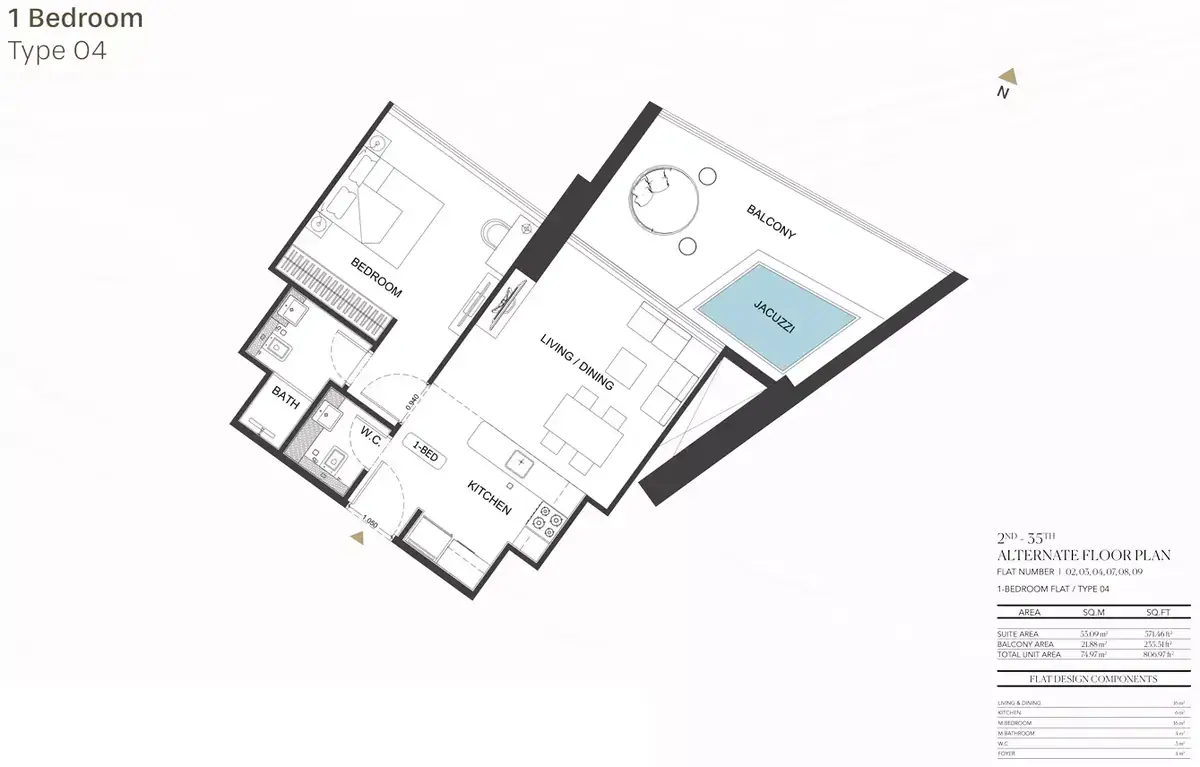 Планировка — 1-спальная, 75 м²