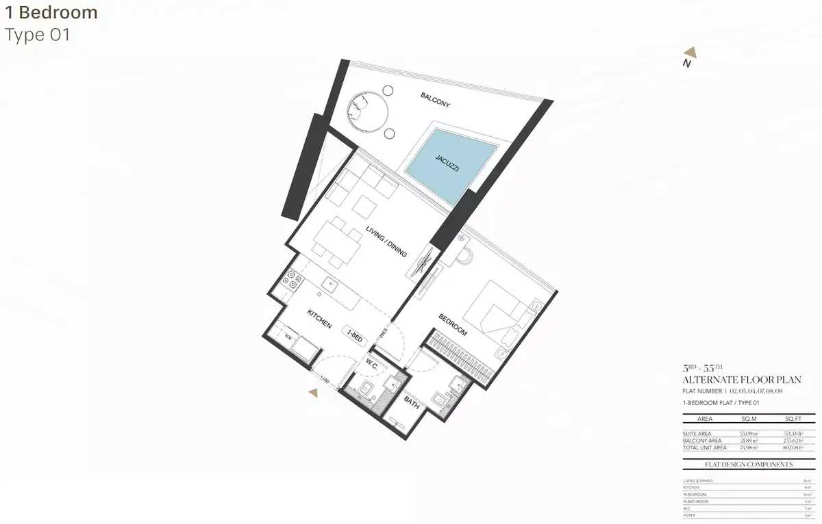 Планировка — 1-спальная, 75 м²