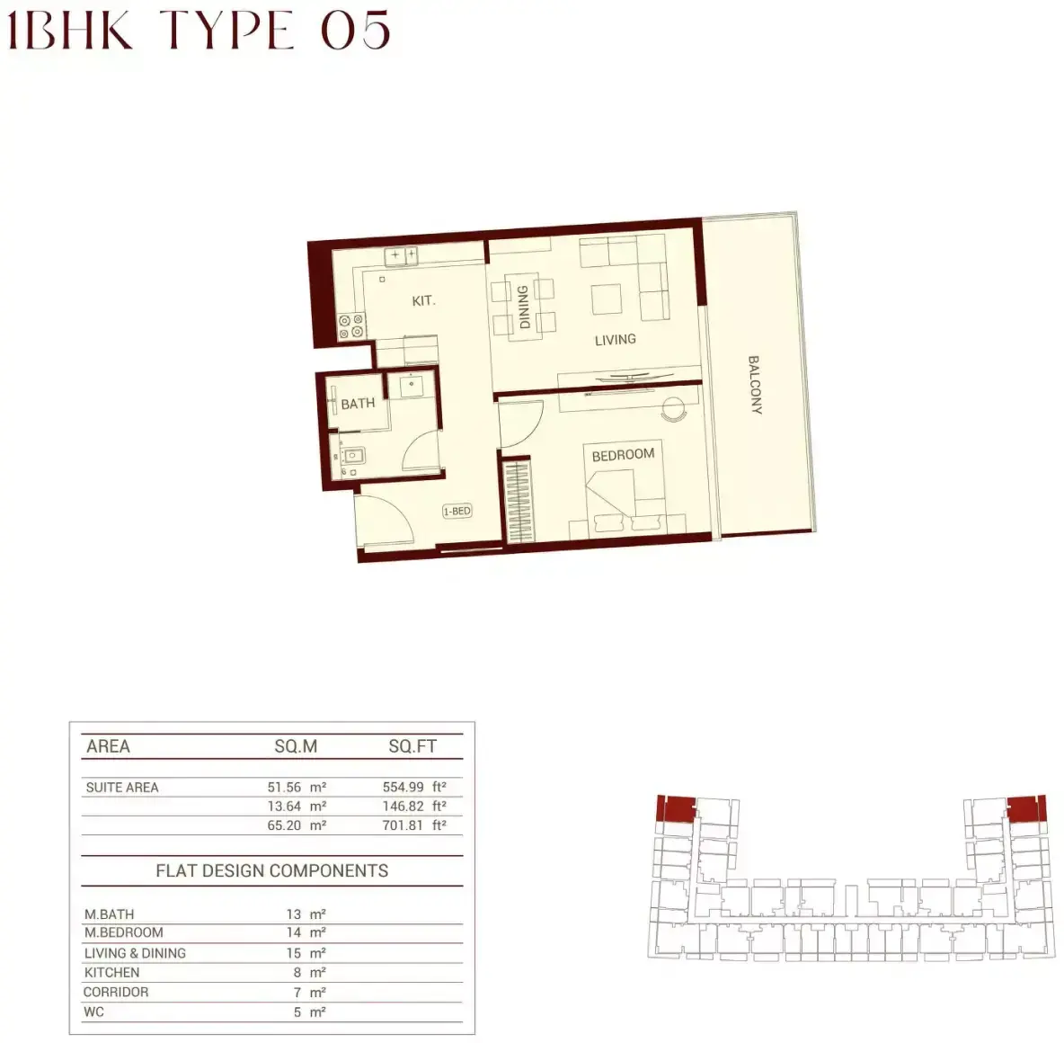 Планировка — 1-спальная, 65 м²
