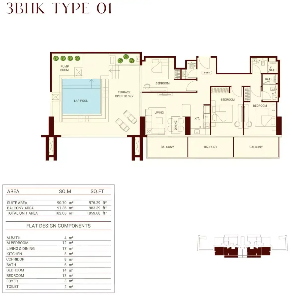 Планировка — 3-спальная, 182 м²