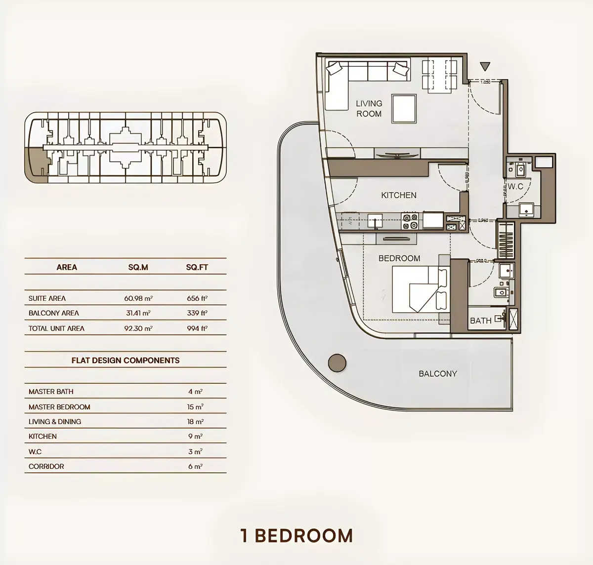 Планировка — 1-спальная, 92 м²