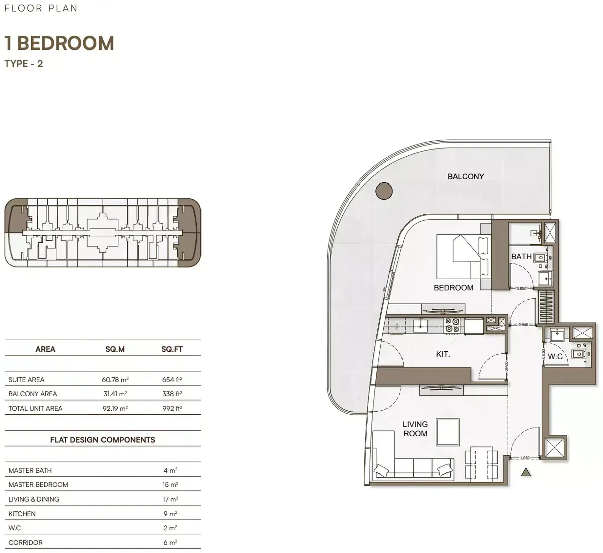 Планировка — 1-спальная, 92 м²