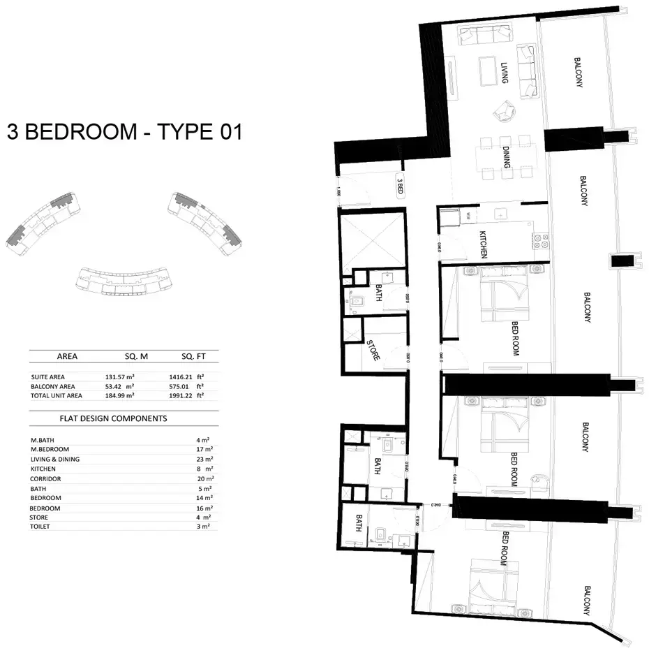 Планировка — 3-спальная, 185 м²