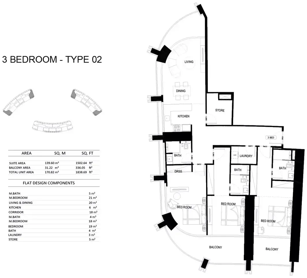 Планировка — 3-спальная, 171 м²