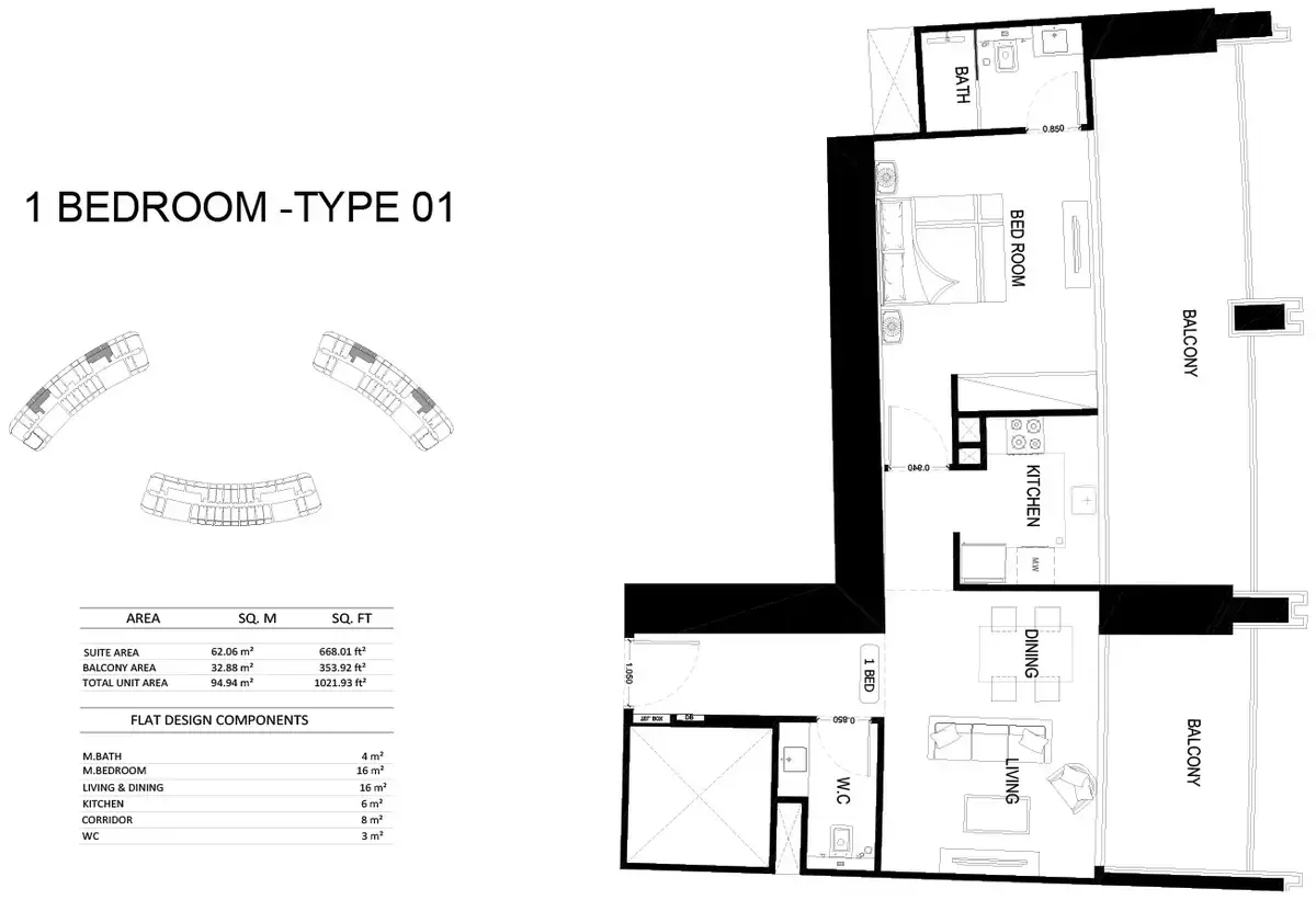 Планировка — 1-спальная, 95 м²