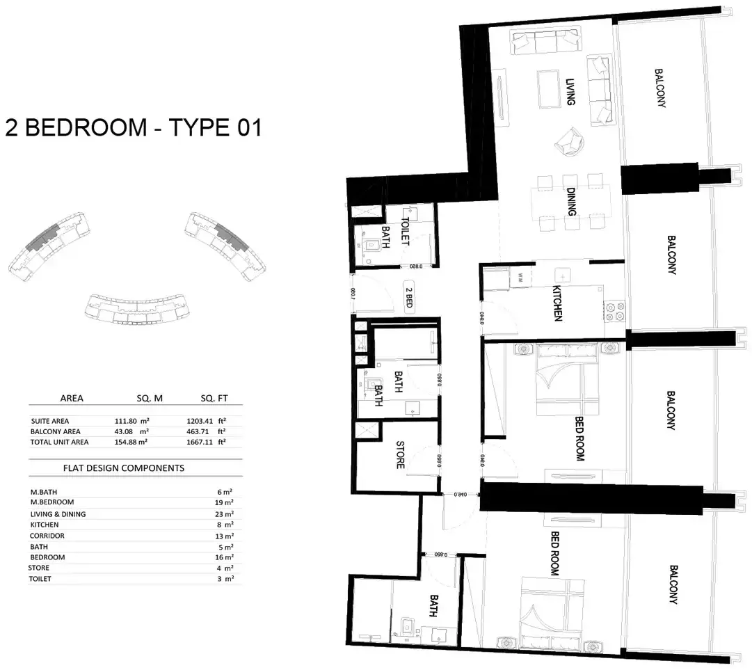 Планировка — 2-спальная, 155 м²