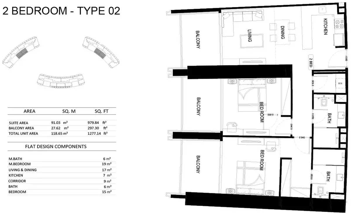 Планировка — 2-спальная, 119 м²