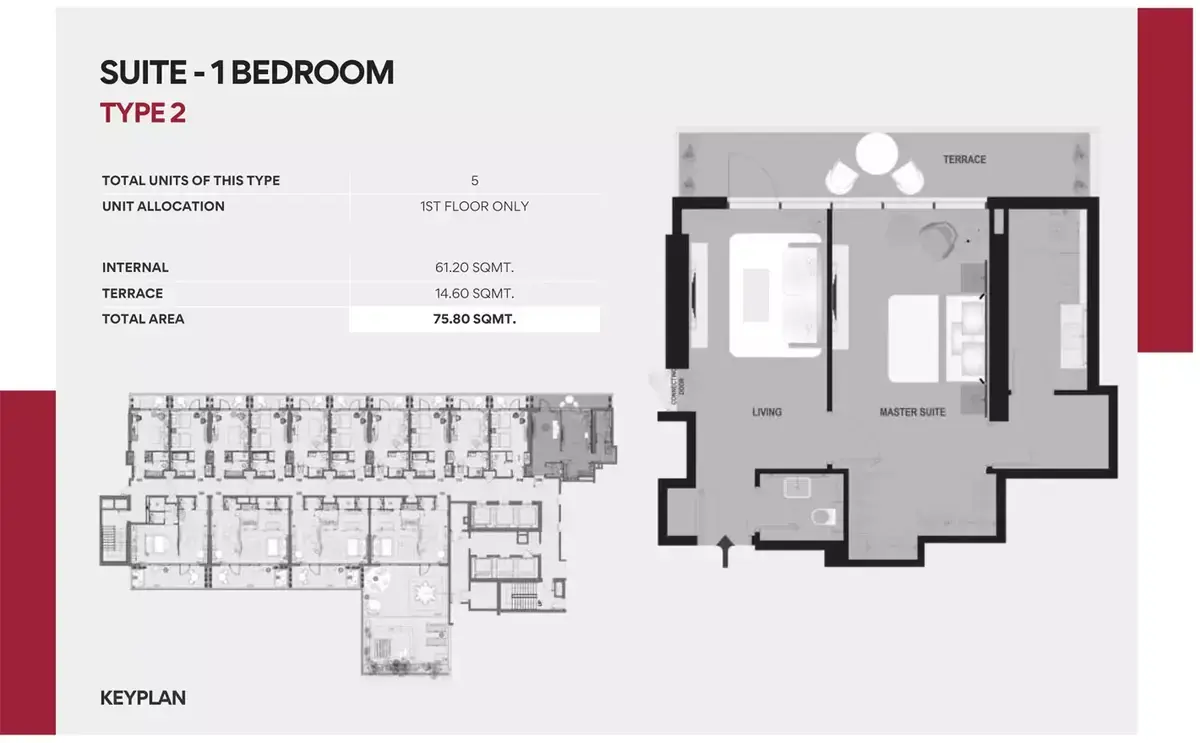 Планировка — 1-спальная, 75 м²