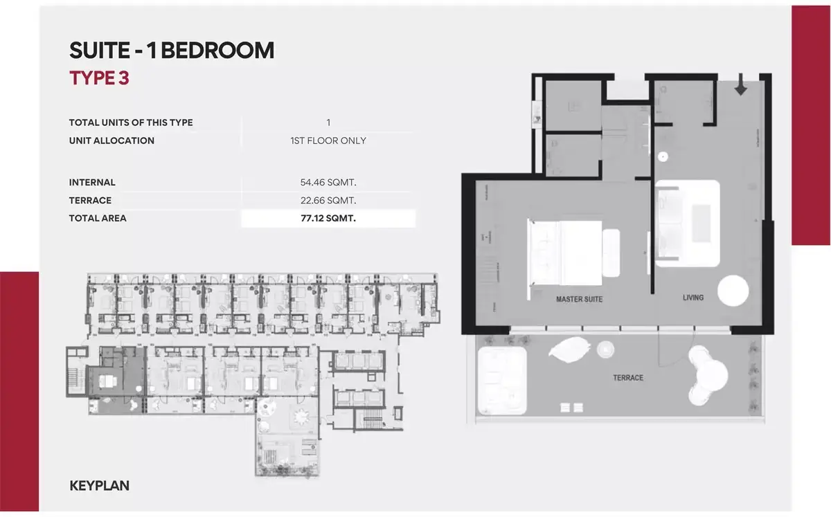 Планировка — 1-спальная, 77 м²