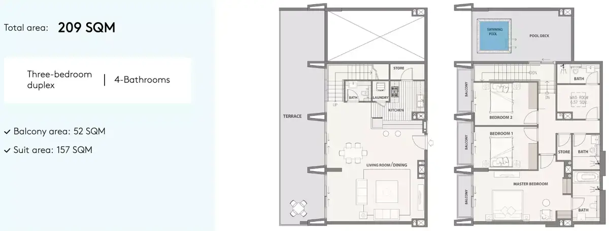 Планировка — 3-спальная, 209 м²