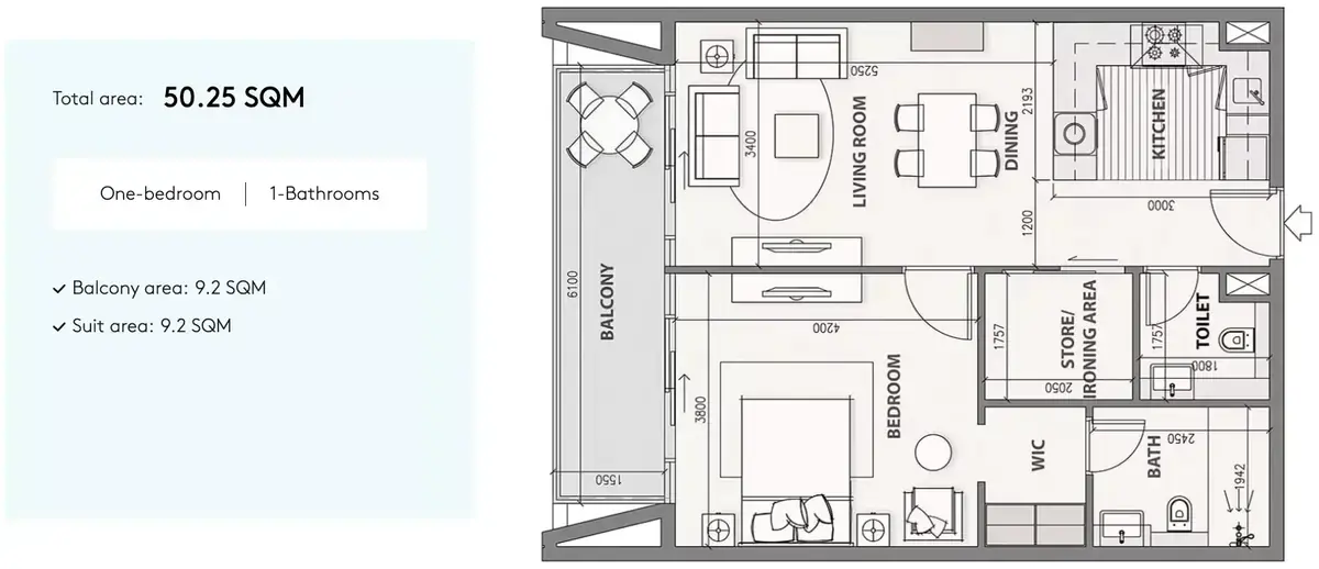 Планировка — 1-спальная, 50 м²