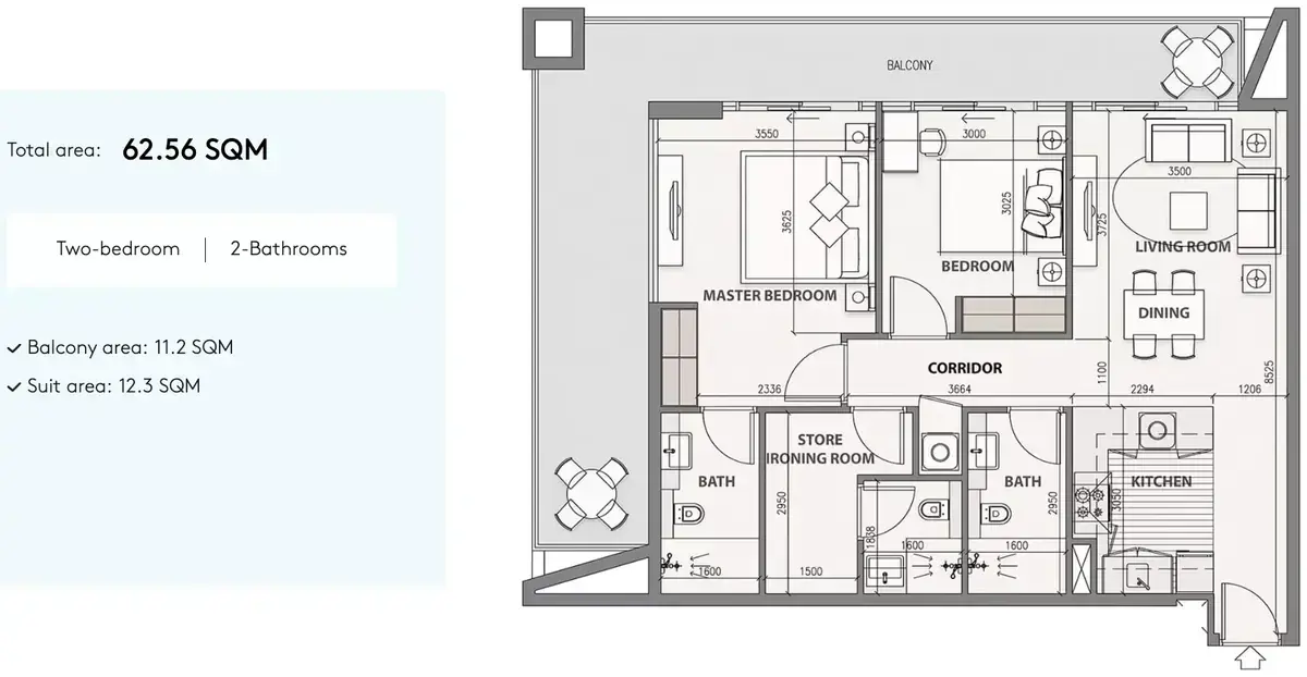 Планировка — 2-спальная, 62 м²