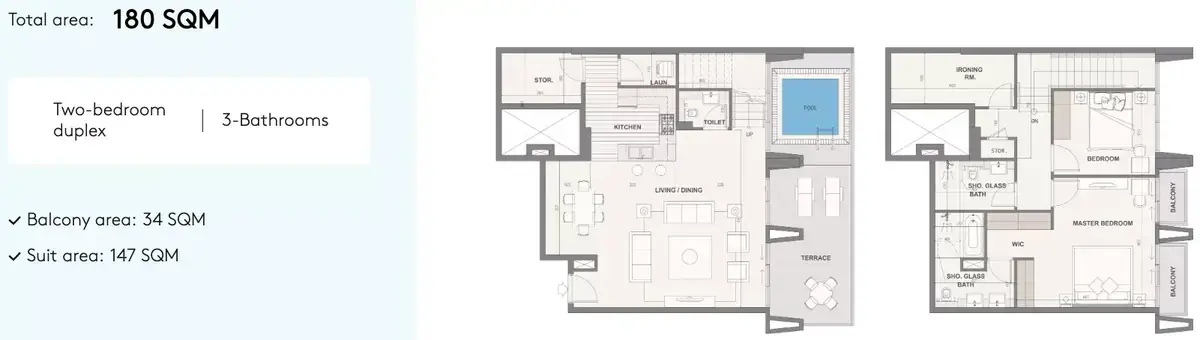Планировка — 2-спальная, 180 м²