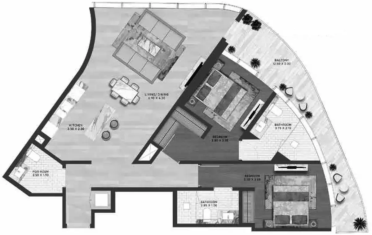 Планировка — 2-спальная, 123 м²