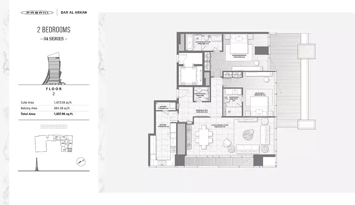 Планировка — 2-спальная, 173 м²